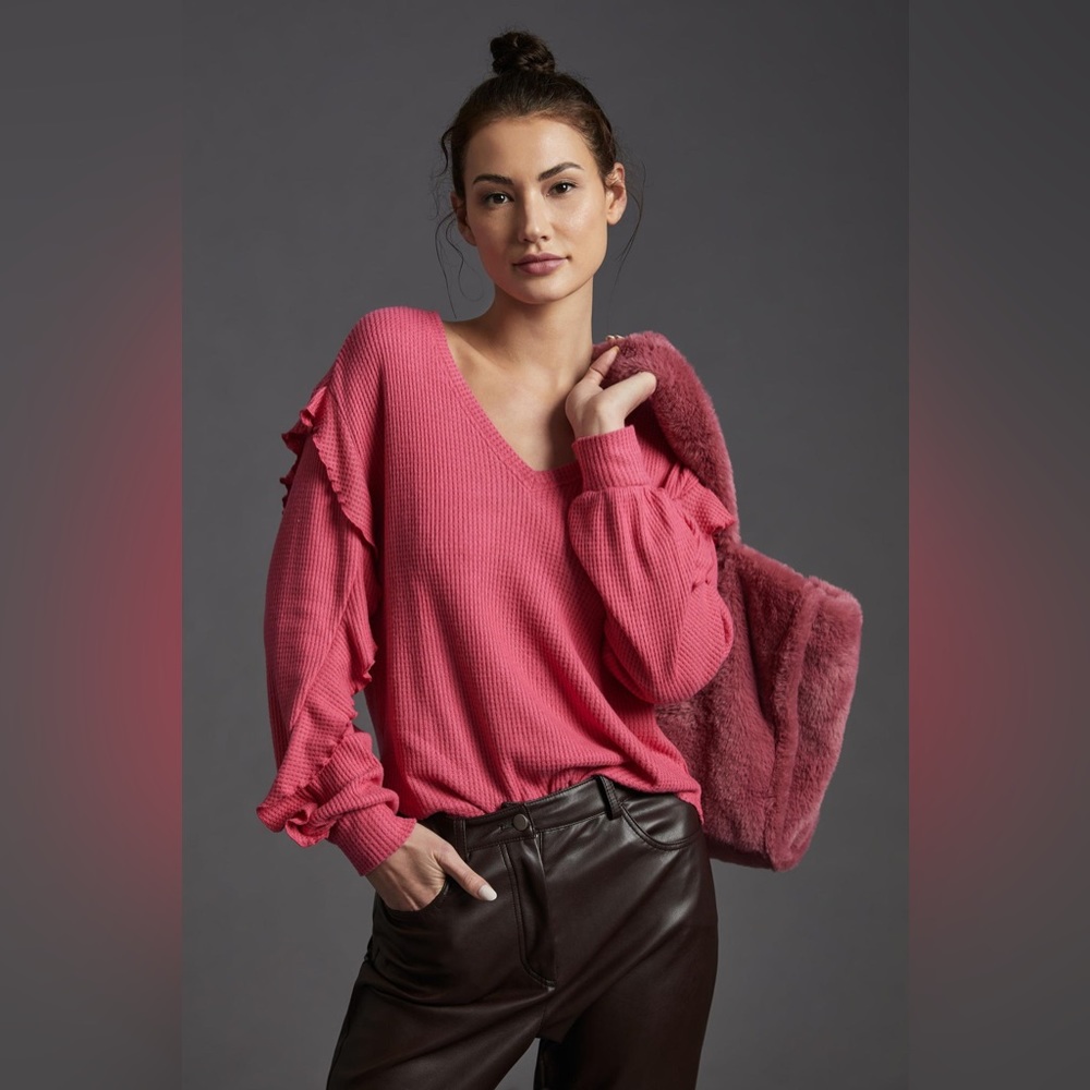 Anthropologie Pilcro Ruffled V-Neck Top in Pink
